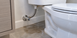 Inside a toilet tank showing the flapper, fill valve and float — running toilet diagnosis